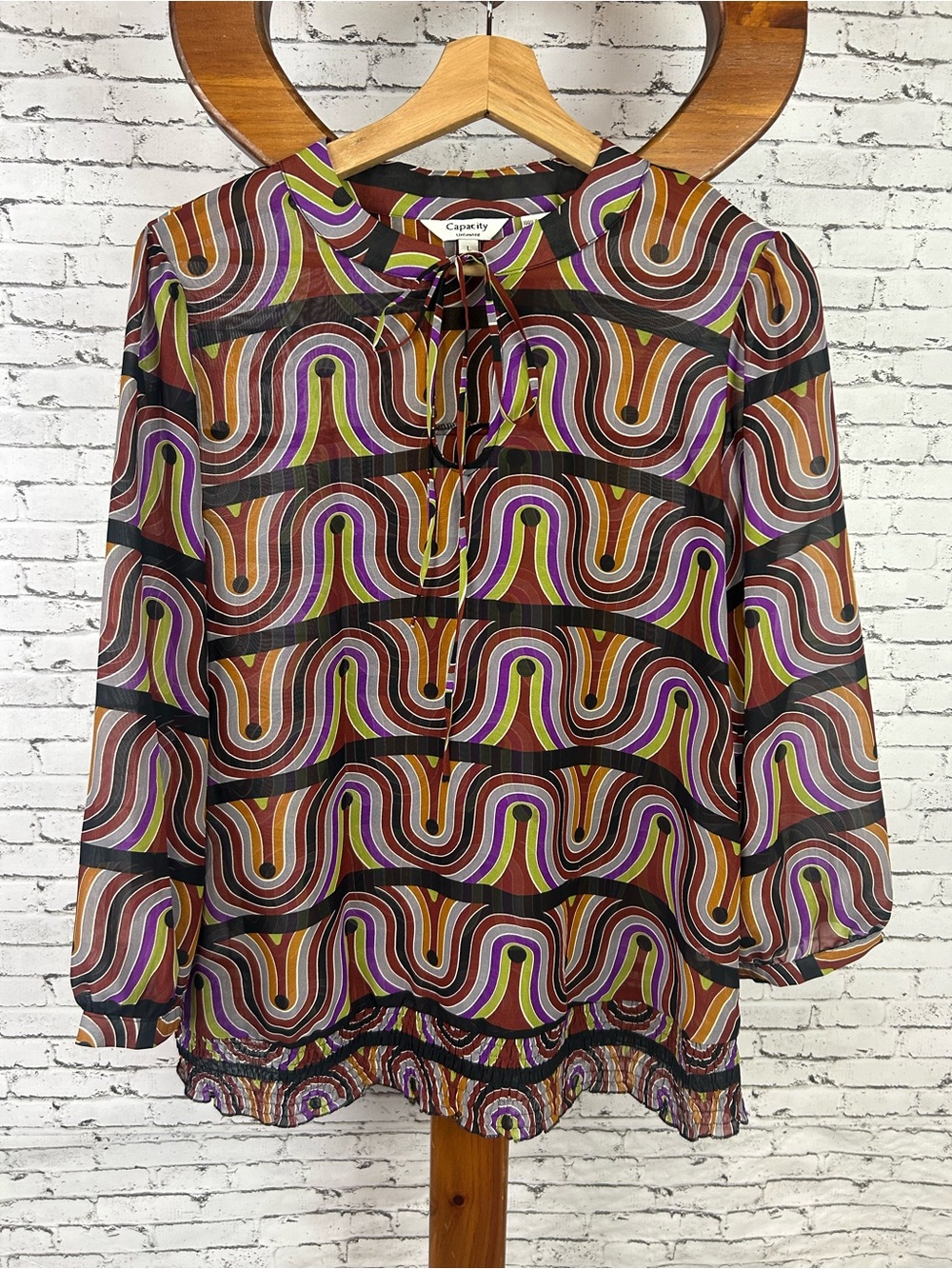 Vintage-inspired Multicolor Geometric Tie-Neck Blouse size L